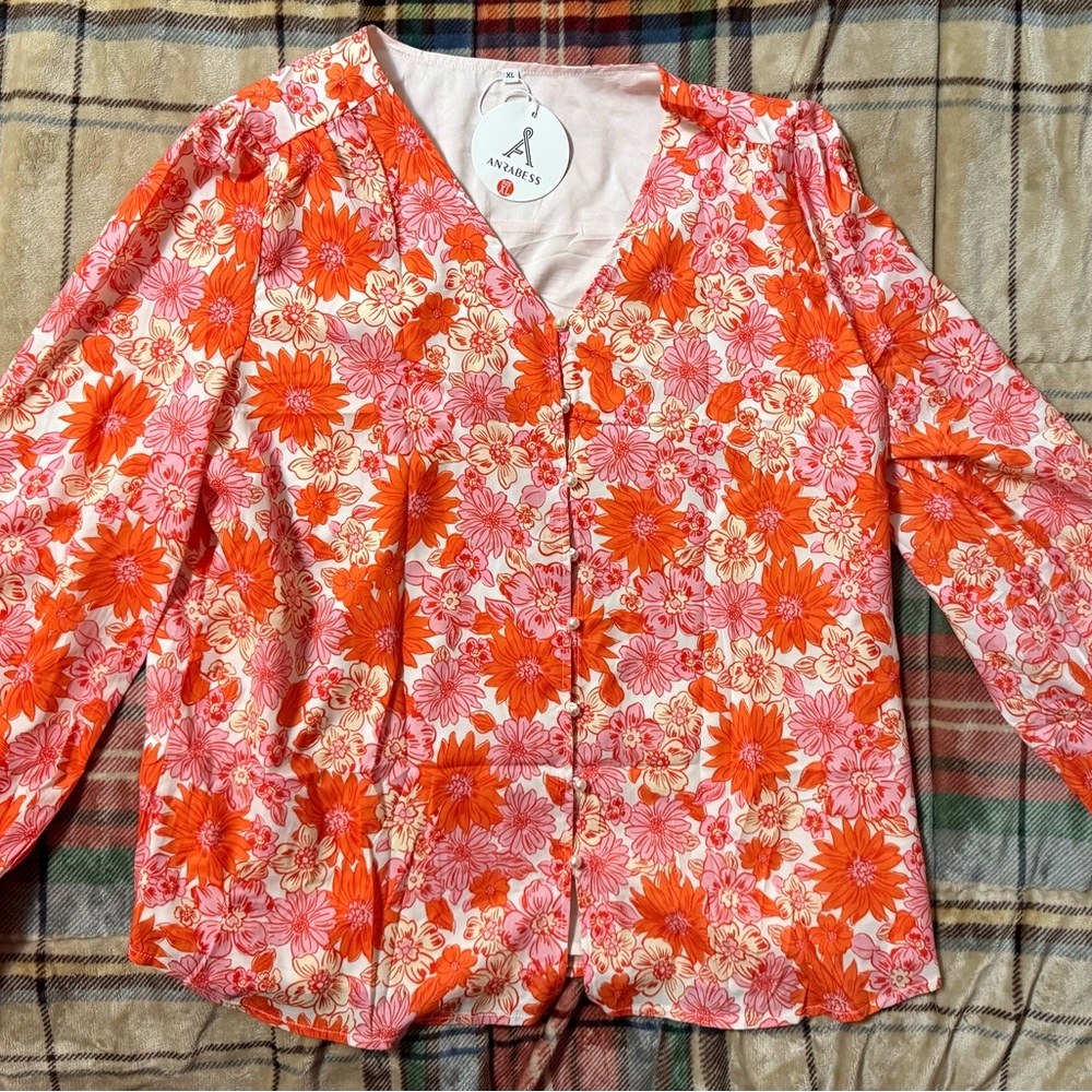 Floral Button-Up Blouse in Orange and Pink